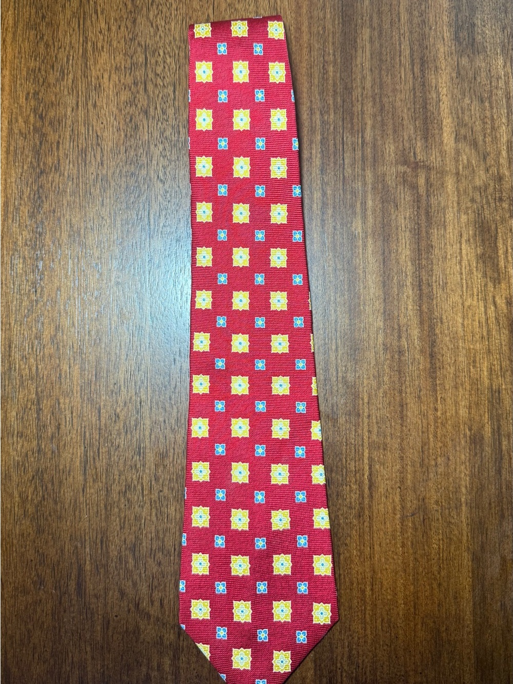 Tommy Hilfiger Red Tie with Yellow and Blue Geometric Motif